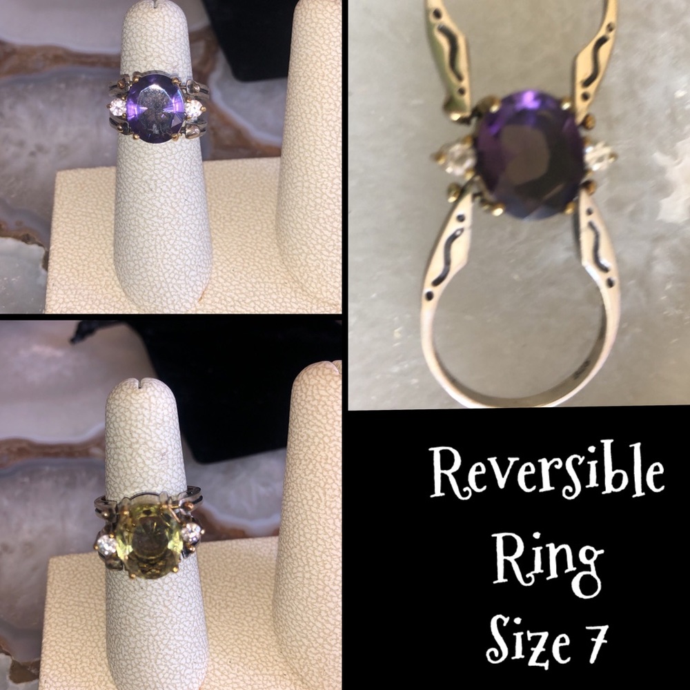Reversible Lemon Quartz/Amethyst Cut Gemstone Sterling Ring-Sz 7